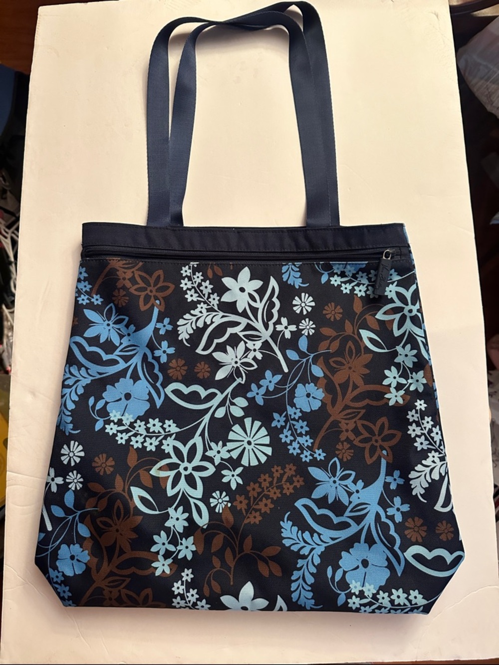 Vera Bradley Floral Print Navy Tote Bag with Blue & Brown Accents